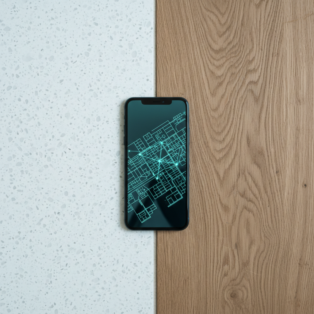 An immaculate, dark glass smartphone lies exactly on the seam between two contrasting floor surfaces: one side is cool, polished white terrazzo speckled with subtle gray, the other is warm, weathered oak planks with visible grain and tiny imperfections. On the screen, a glowing map grid abruptly stops at the phone’s physical edge, while the reflection of the wooden floor continues in the glossy glass. Cool, overcast window light from the left creates soft, even illumination and gentle shadows along the seam. Photographic realism with a top-down, architectural-style composition, sharp focus throughout. The atmosphere is quietly analytical and sophisticated, visually articulating the precise line where the digital world meets tangible material.