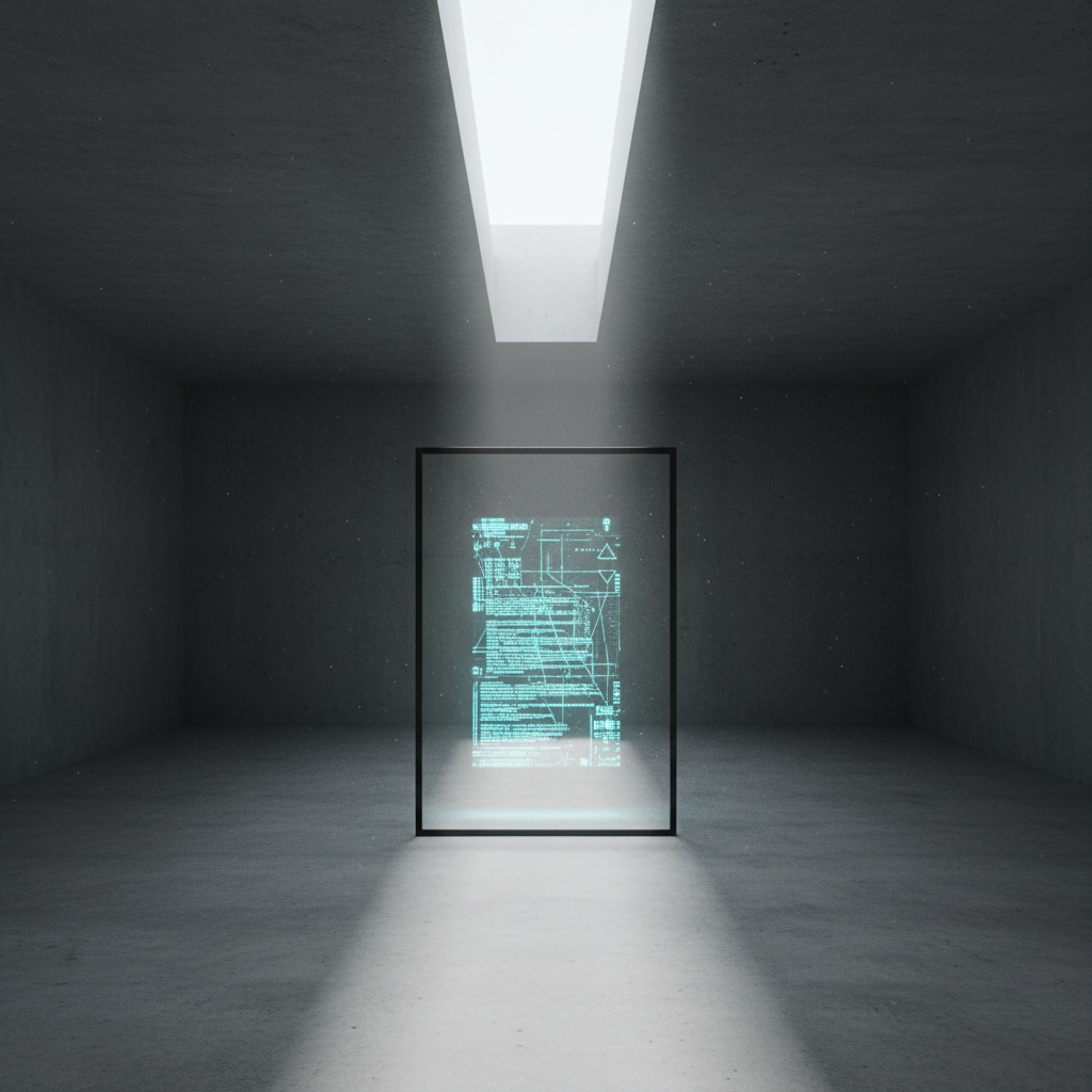 A minimalist black metal frame, shaped like a doorway, stands alone in an expansive, matte concrete room. Within the frame floats a perfectly rectangular panel of glowing cyan code and geometric interface lines, hovering just above the ground. Outside the frame, the same floor extends in neutral gray, unmarked and empty. A single, narrow skylight above casts a sharp rectangle of cool daylight that aligns perfectly with the digital panel, leaving the rest of the room in soft shadow. Photographic realism with a wide-angle lens, straight-on composition, emphasizing symmetry. Fine dust particles are faintly visible in the light beam, adding texture. The atmosphere is solemn, sophisticated, and almost gallery-like, turning the digital threshold into a sculptural object.
