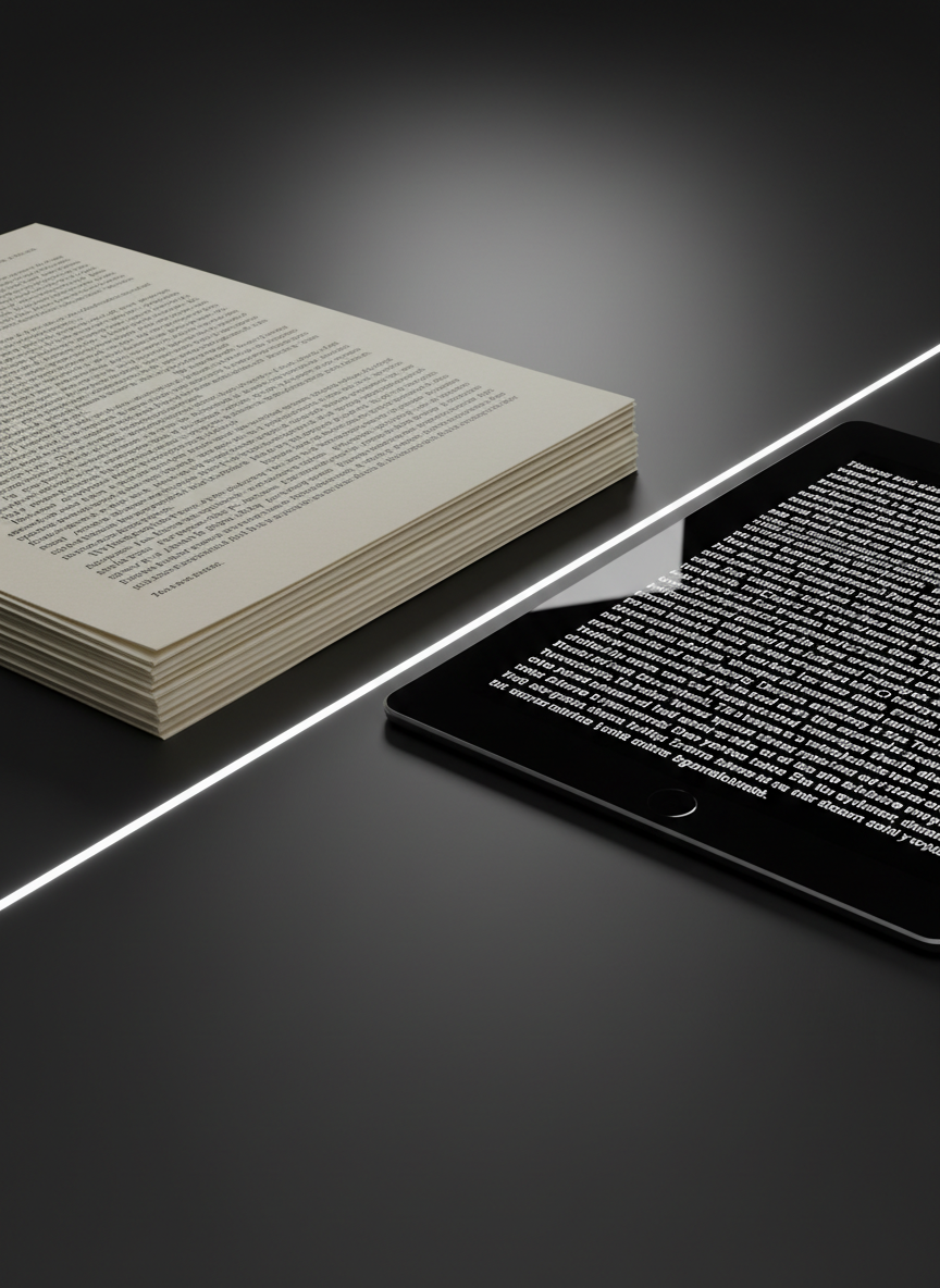 A collection of physical and digital boundaries converge on a single surface: a matte black desk where a thin, laser-straight white line runs from front to back. On one side, precisely stacked printed pages with dense, tiny text and embossed edges; on the other, a slim, mirror-black tablet displaying the same text as glowing, immaculate typography that cuts off exactly at the white line. Overhead, cool, controlled studio lighting casts a crisp highlight along the dividing line and soft gradients on both materials. Photographic realism, slightly elevated three-quarter view, with strong emphasis on the contrasting textures of paper fibers and glass. The mood is intellectual and restrained, examining the quiet tension where analog information becomes digital representation.
