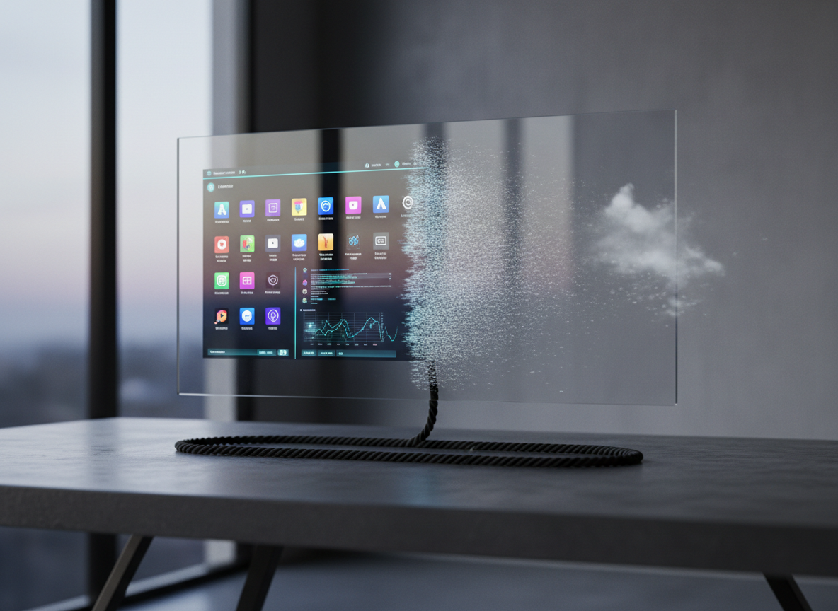 A sleek, frameless glass monitor floats above a charcoal-gray concrete desk, its screen split cleanly down the center. One half glows with vivid, saturated icons and sharp interface elements, the other half fades into a grainy, monochrome static that seems to dissolve into the surrounding air. The desk is meticulously bare except for a single, coiled black cable resting like a boundary line. Soft, diffused twilight seeps in from an unseen window, casting faint reflections on the glass surface. Photographic realism, eye-level composition with a shallow depth of field, emphasizing the sharp digital edge as it blurs into analog noise. The mood is contemplative and sophisticated, hinting at the threshold between virtual clarity and real-world ambiguity.