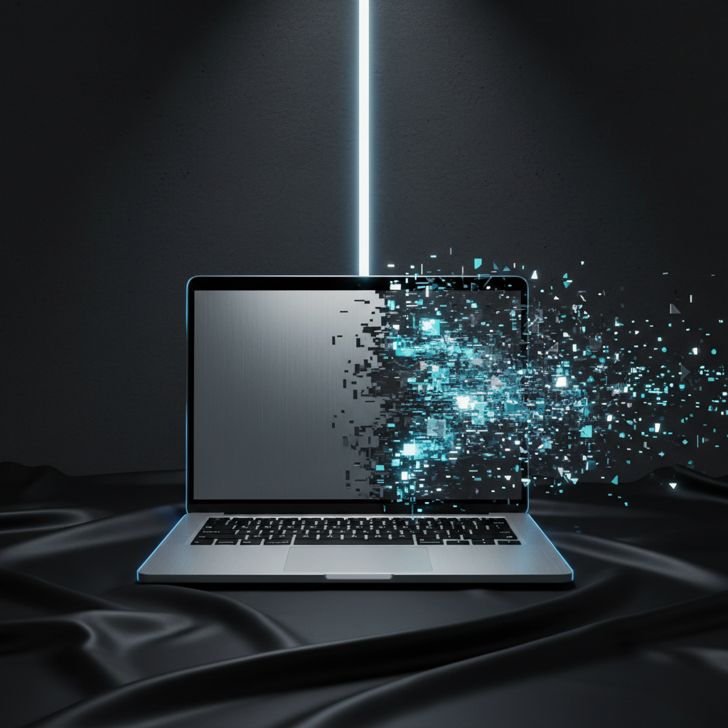 A high-end, brushed aluminum laptop sits half-open on a black satin cloth, its lower half crisp and solid, while the upper bezel and screen appear to disintegrate into a suspended cloud of pixel fragments and translucent polygons. Behind it, a deep charcoal wall is bisected by a razor-thin vertical beam of cool white light, like a digital portal. Subtle rim lighting traces the metallic edges, while a soft, directional spotlight from above creates delicate gradients across the laptop’s surface. Photographic realism, slightly low angle, with the laptop centered but the dissolving pixels drifting into negative space on the right. The mood is refined and slightly mysterious, evoking the elegance and fragility of the digital boundary.